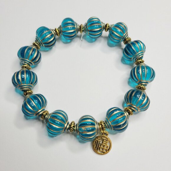 NWT Chinese Lantern Good Luck Fortune Charm Bracelet Green Blue Gold Stretch - Picture 5 of 6